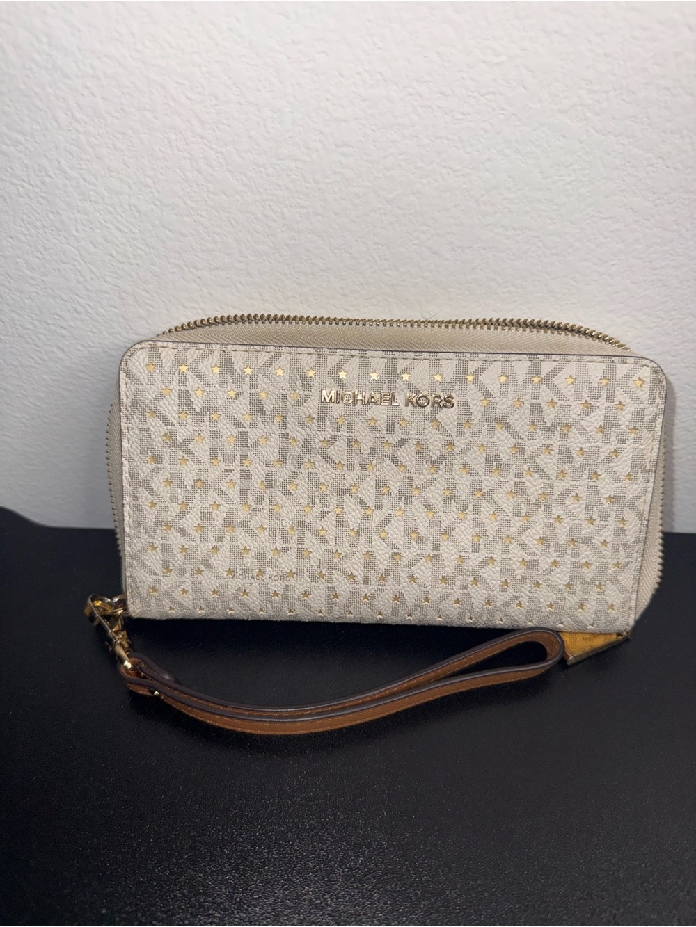 Michael Kors Cream Signature Logo Wristlet with Brown Strap
